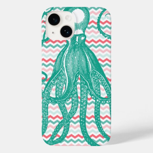 Antiek Octopus op koraal en Aqua Chevrons Case-Mate iPhone Case (Achterkant)