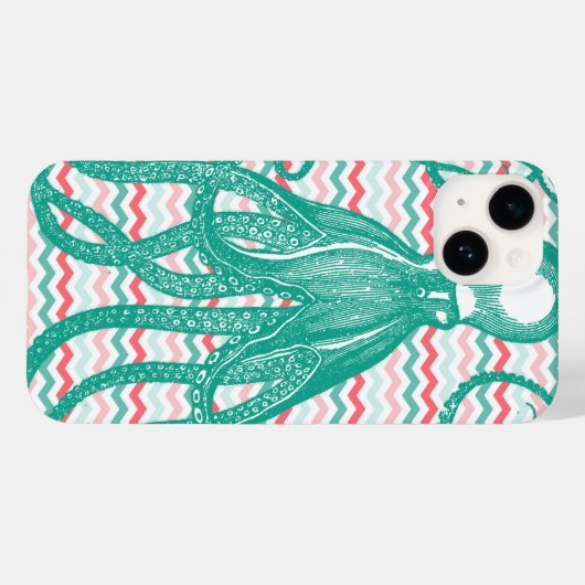 Antiek Octopus op koraal en Aqua Chevrons Case-Mate iPhone Case (Achterkant (horizontaal))