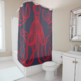 Antiek octopus rood op blauw douchegordijn