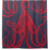 Antiek octopus rood op blauw douchegordijn (Voorkant)