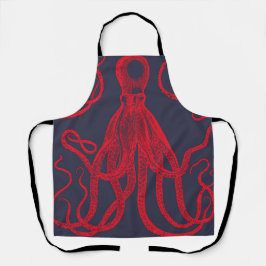 Antiek octopus rood op blauw schort