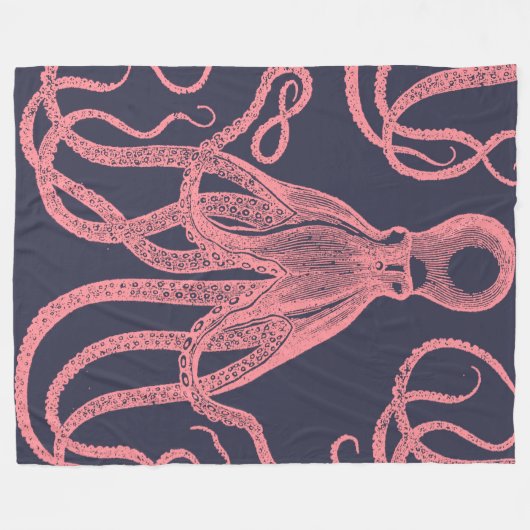 Antiek octopus roze op blauw fleece deken (Voorkant (Horizontaal))