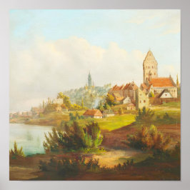 Antiek olieverfschilderij van een Europese stad aa Poster