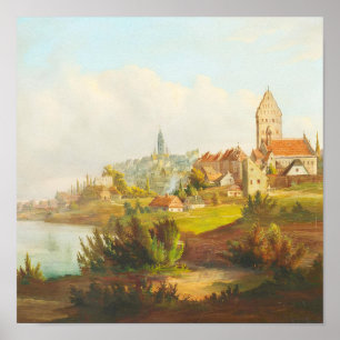 Antiek olieverfschilderij van een Europese stad aa Poster