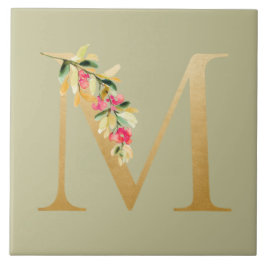 Antiek olijfachtergrond voor golden M floral Tegeltje