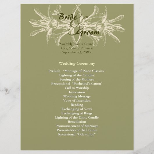Antiek Olive Floral Wedding Programme (Voorkant)