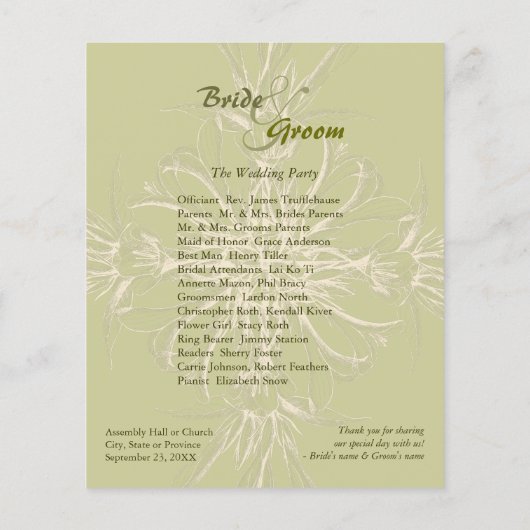 Antiek Olive Floral Wedding Programme (Achterkant)