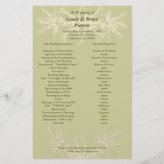 Antiek Olive Floral Wedding Programme Briefpapier (Voorkant)