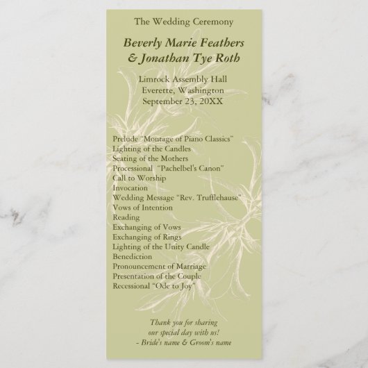 Antiek Olive Floral Wedding Programme Programmakaart (Achterkant)