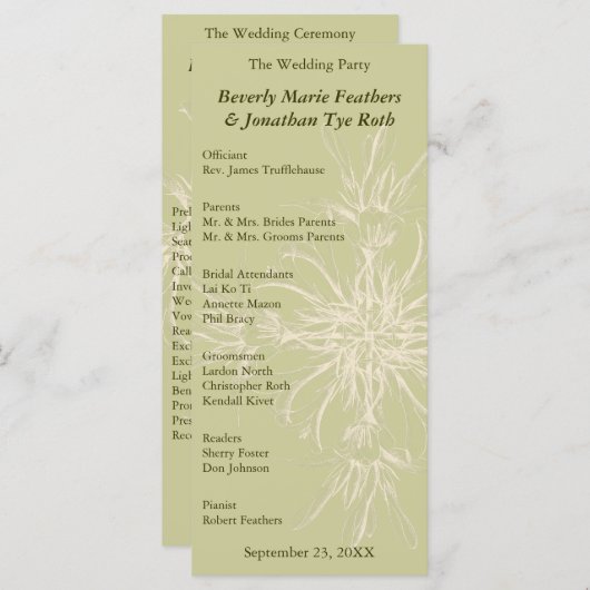 Antiek Olive Floral Wedding Programme Programmakaart (Voorkant / Achterkant)