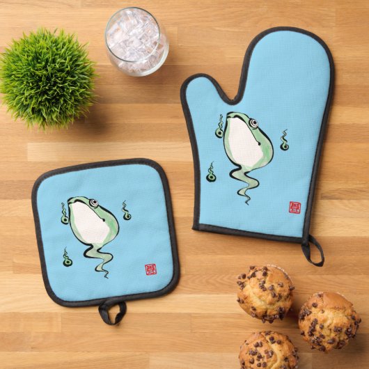Antiek Oorsprong Verhaal Grumpy Frog Japanese Toad Ovenwant & Pannenlap Set (Top down)