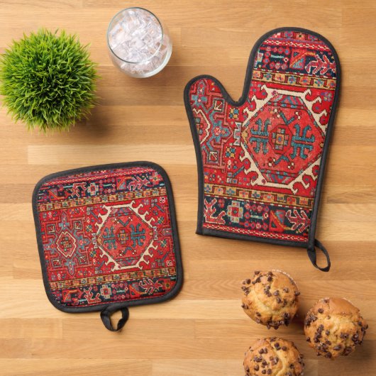 Antiek oost-Turks Perzisch tapijt Ovenwant & Pannenlap Set (Top down)