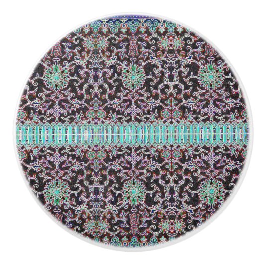 Antiek oosters bloemmotief paarse bruin blauwgroen keramische knop (Voorkant)