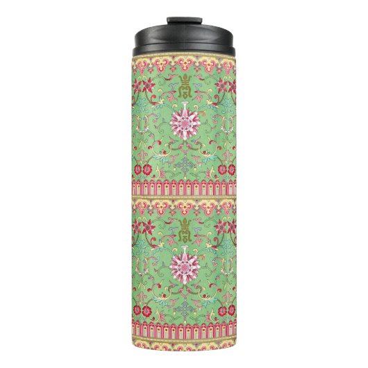 Antiek oosters bloemmotief roze groen geel thermosbeker (Voorkant)