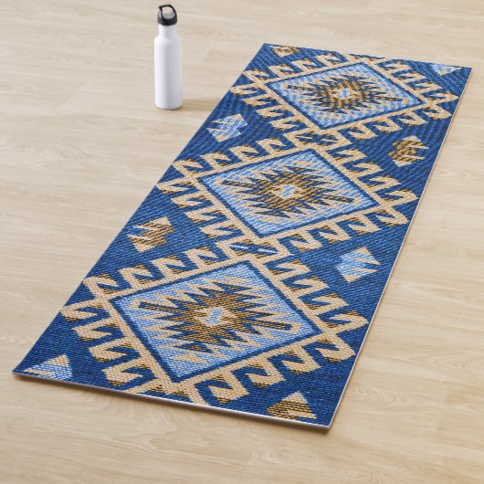 Antiek oosterse blauwe beige Turkse Kilim Rug Yogamat (In situ)