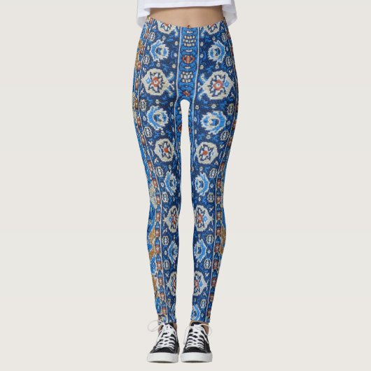 Antiek-oosterse blauwe Turkse tapijtschelp Leggings (Voorkant)