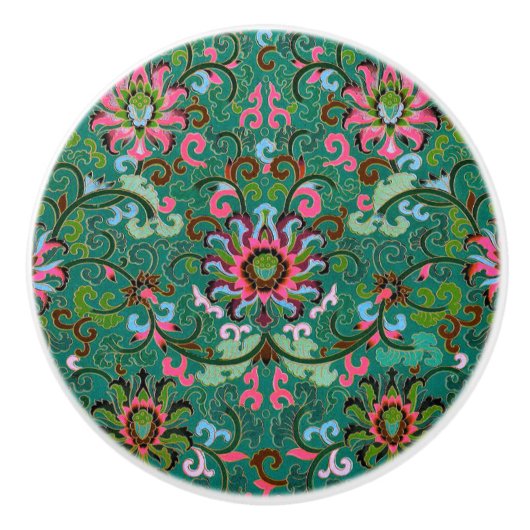 Antiek oosterse bloemen groen roze chinoiserie keramische knop (Voorkant)