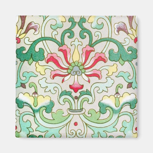 Antiek oosterse bloemmotief blauwgroen rode crème magneet (Voorkant)