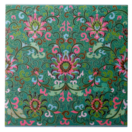 Antiek oraal floreel patroon groen en roze tegeltje (Voorkant)