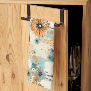 Antiek Oranje Blauw Botanisch Bloemmotief Crème Theedoek