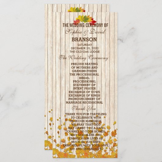 Antiek Oud Houten Herfst Bruiloftsprogramma Op Maa Programmakaart (Voorkant / Achterkant)