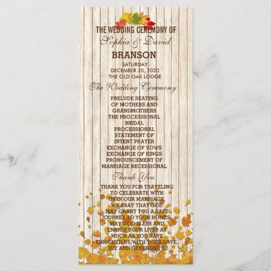 Antiek Oud Houten Herfst Bruiloftsprogramma Op Maa Programmakaart (Voorkant)