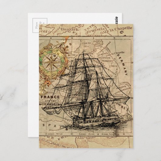 Antiek Oude Generaal Frankrijk Kaart & Schip (Voorkant / Achterkant)