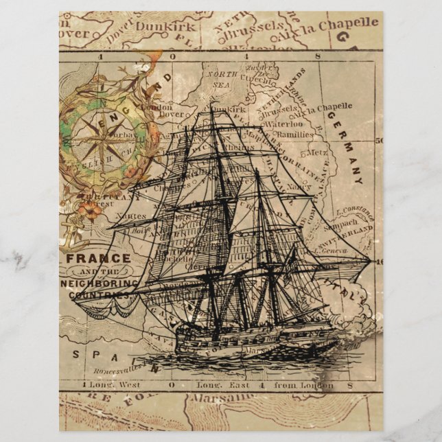 Antiek Oude Generaal Frankrijk Kaart & Schip (Voorkant)