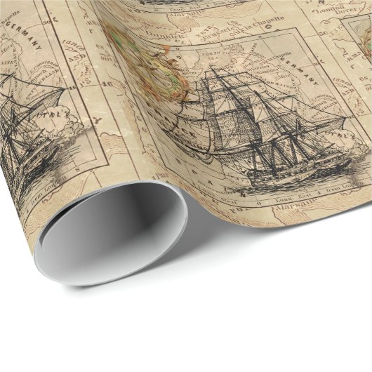 Antiek Oude Generaal Frankrijk Kaart & Schip Cadeaupapier (Rol Hoek)