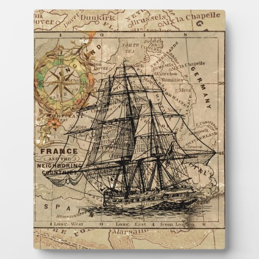 Antiek Oude Generaal Frankrijk Kaart & Schip Fotoplaat (Voorkant)