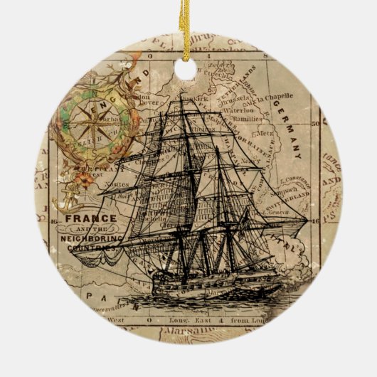 Antiek Oude Generaal Frankrijk Kaart & Schip Keramisch Ornament (Achterkant)