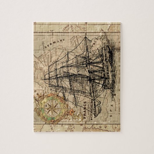 Antiek Oude Generaal Frankrijk Kaart & Schip Legpuzzel (Verticaal)