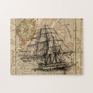 Antiek Oude Generaal Frankrijk Kaart & Schip Legpuzzel