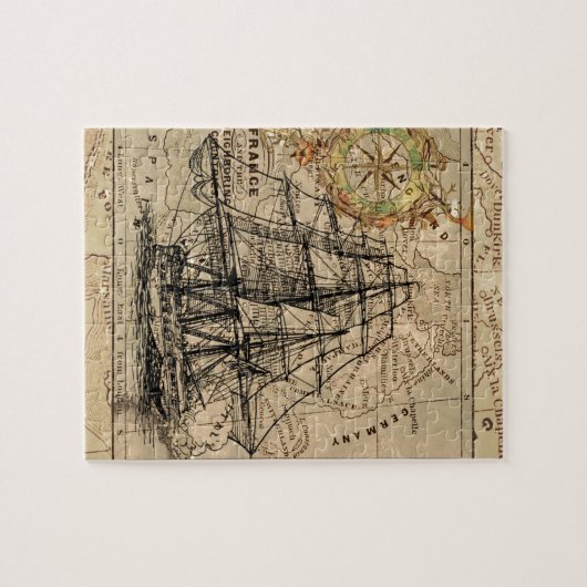 Antiek Oude Generaal Frankrijk Kaart & Schip Legpuzzel (Horizontaal)
