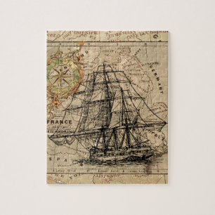 Antiek Oude Generaal Frankrijk Kaart & Schip Legpuzzel