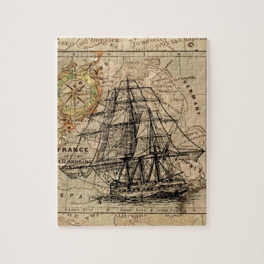 Antiek Oude Generaal Frankrijk Kaart & Schip Legpuzzel (Verticaal)