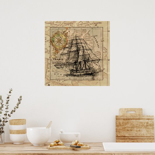 Antiek Oude Generaal Frankrijk Kaart & Schip Poster (Keuken)