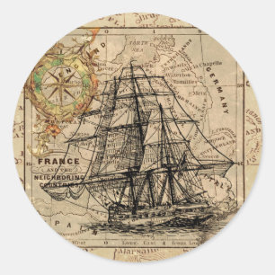 Antiek Oude Generaal Frankrijk Kaart & Schip Ronde Sticker