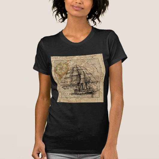 Antiek Oude Generaal Frankrijk Kaart & Schip T-shirt (Voorkant)