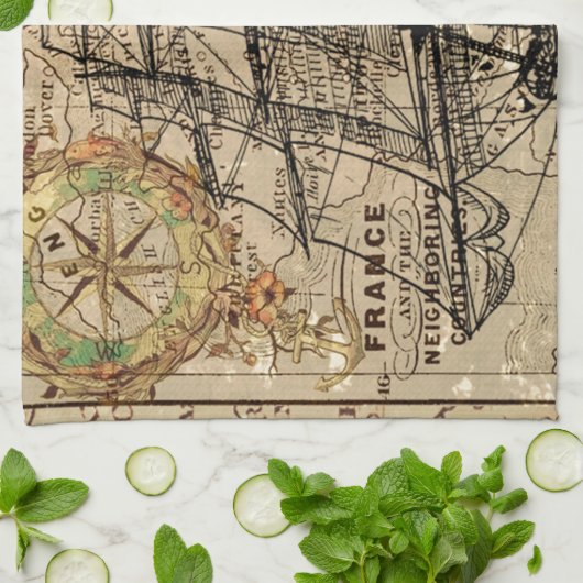 Antiek Oude Generaal Frankrijk Kaart & Schip Theedoek (Gevouwen)