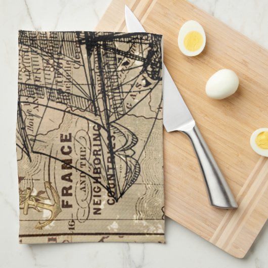 Antiek Oude Generaal Frankrijk Kaart & Schip Theedoek (Quarter Fold)