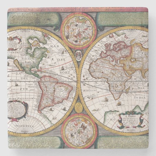 Antiek oude kaart geïnspireerd (12) stenen onderzetter (Voorkant)