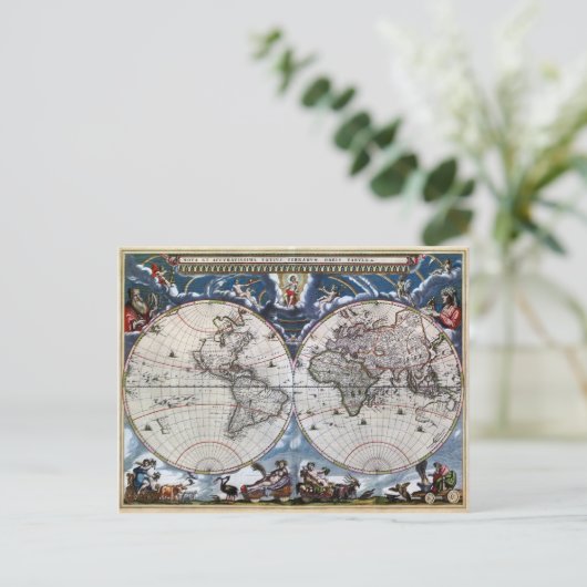 Antiek oude wereldkaart 1664 hersteld briefkaart (Staand voorkant)