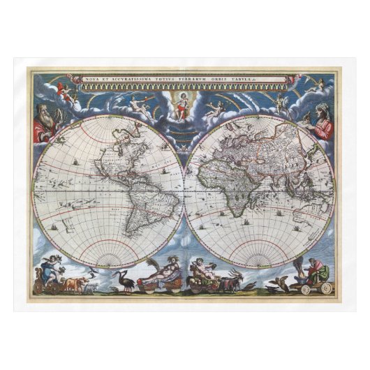 Antiek oude wereldkaart 1664 hersteld tafelkleed (Voorkant (Horizontaal))