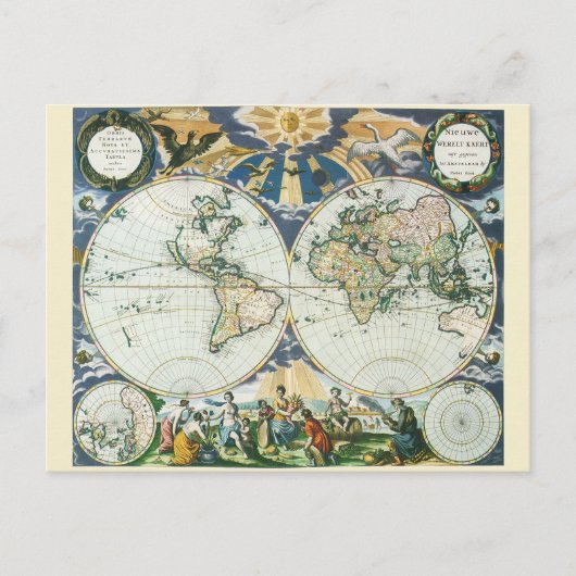 Antiek Oude Wereldkaart, 1666 door Pieter Goos Briefkaart (Voorkant)