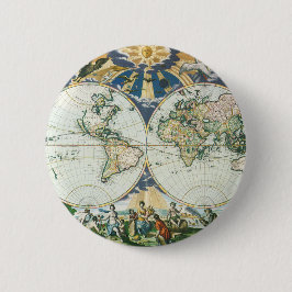 Antiek Oude Wereldkaart, 1666 door Pieter Goos Ronde Button 5,7 Cm