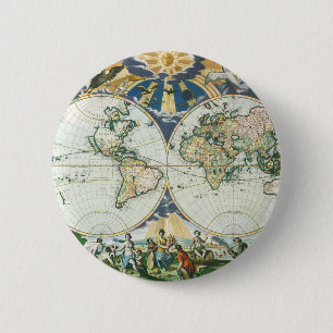 Antiek Oude Wereldkaart, 1666 door Pieter Goos Ronde Button 5,7 Cm