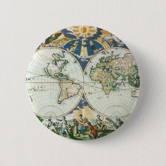 Antiek Oude Wereldkaart, 1666 door Pieter Goos Ronde Button 5,7 Cm (Voorkant)