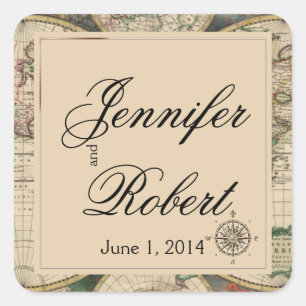 Antiek oude Wereldkaart bruiloft envelop afdichtin Vierkante Sticker