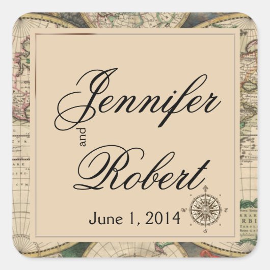 Antiek oude Wereldkaart bruiloft envelop afdichtin Vierkante Sticker (Voorkant)